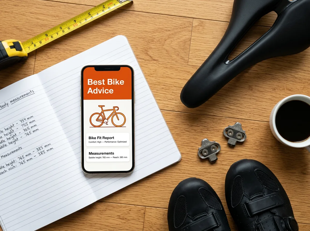 Mètre ruban, questionnaire sur smartphone, selle et chaussures de vélo pour un bike fitting en ligne à domicile